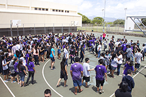 Students gathering on the basketball courts.